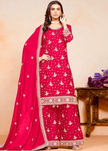 DESIGNER CHINON EMBROIDERY SEQUENCE WORK FULL STITCHED TOP SHARARA WITH DUPATTA PINK