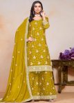 DESIGNER CHINON EMBROIDERY SEQUENCE WORK FULL STITCHED TOP SHARARA WITH DUPATTA YELLOW