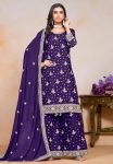 DESIGNER CHINON EMBROIDERY SEQUENCE WORK FULL STITCHED TOP SHARARA WITH DUPATTA PURPLE