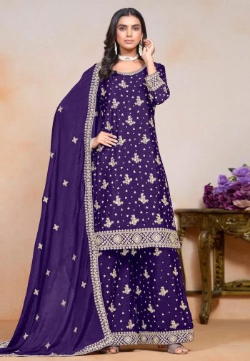 DESIGNER CHINON EMBROIDERY SEQUENCE WORK FULL STITCHED TOP SHARARA WITH DUPATTA PURPLE