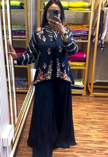DESIGNER CHINON EMBROIDERY SEQUENCE WORK PALAZZO WITH STITCHED BLOUSE AND KOTI NAVY BLUE