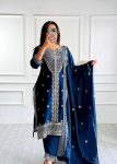 DESIGNER CHINON EMBROIDERY SEQUENCE WORK TOP BOTTOM WITH DUPATTA BLUE