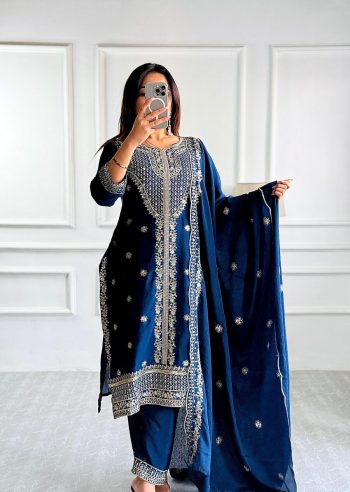 DESIGNER CHINON EMBROIDERY SEQUENCE WORK TOP BOTTOM WITH DUPATTA BLUE
