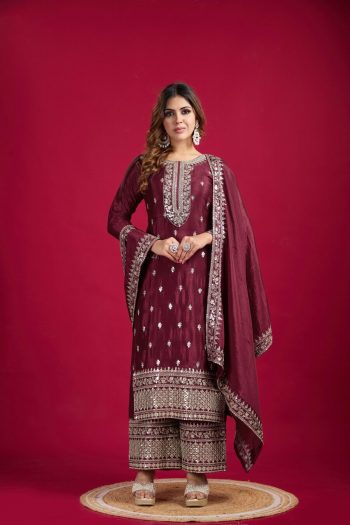 DESIGNER CHINON EMBROIDERY SEQUENCE WORK TOP PALAZZO WITH DUPATTA COFFEE