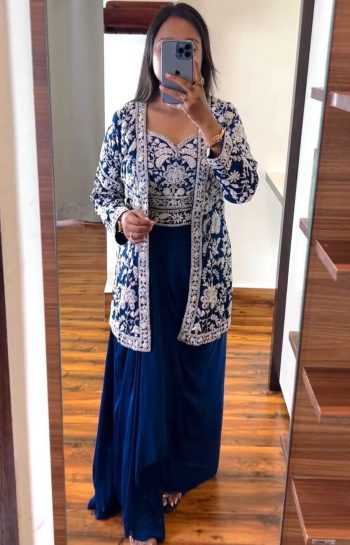 DESIGNER CHINON EMBROIDERY WORK DRAPE SKIRT FULLY STITCHED BLOUSE WITH KOTI  BLUE