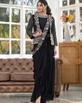 DESIGNER CHINON EMBROIDERY WORK DRAPE SKIRT WITH ATTACHED DUPATTA AND STITCHED BLOUSE AND KOTI BLACK