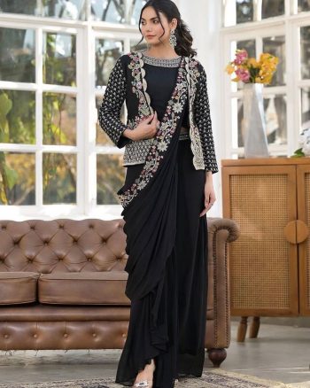 DESIGNER CHINON EMBROIDERY WORK DRAPE SKIRT WITH ATTACHED DUPATTA AND STITCHED BLOUSE AND KOTI BLACK