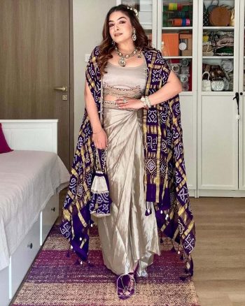 DESIGNER CHINON PRINTED AND LACE WITH KODI LATKAN WORK TOP DHOTI WITH KOTI OFF WHITE