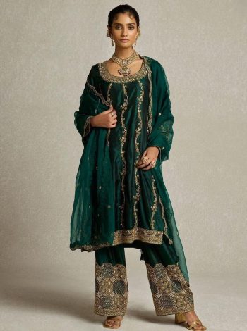 DESIGNER CHINON SEQUENCE EMBROIDERY WORK TOP PALAZZO WITH DUPATTA GREEN