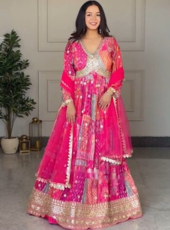 DESIGNER CHINON SILK DIGITAL PRINTED AND EMBROIDERY SEQUENCE WORK GOWN BOTTOM WITH DUPATTA  RANI