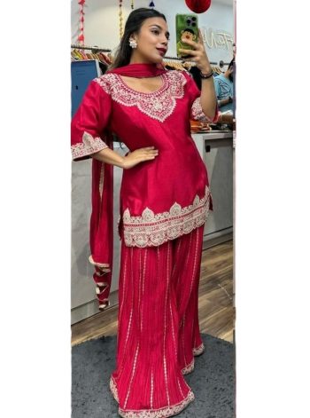 DESIGNER CHINON SILK EMBROIDERY CODING SEQUENCE WORK TOP PALAZZO WITH DUPATTA  RANI