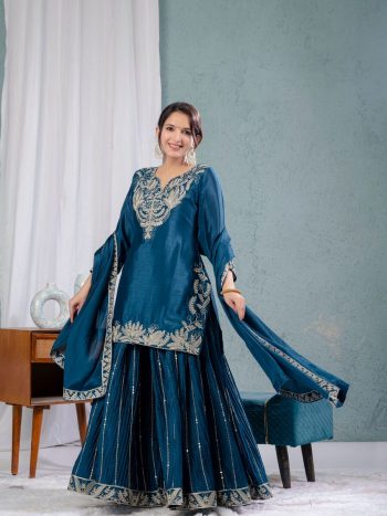 DESIGNER CHINON SILK EMBROIDERY CODING SEQUENCE WORK TOP PALAZZO WITH DUPATTA RAMA