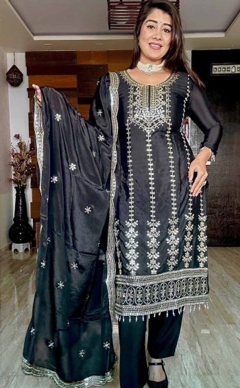 DESIGNER CHINON SILK EMBROIDERY SEQUENCE WORK TOP BOTTOM WITH DUPATTA BLACK