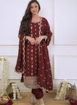 DESIGNER CHINON SILK EMBROIDERY SEQUENCE WORK TOP BOTTOM WITH DUPATTA MAROON