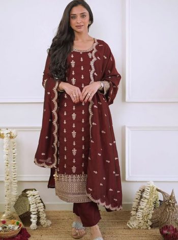 DESIGNER CHINON SILK EMBROIDERY SEQUENCE WORK TOP BOTTOM WITH DUPATTA MAROON