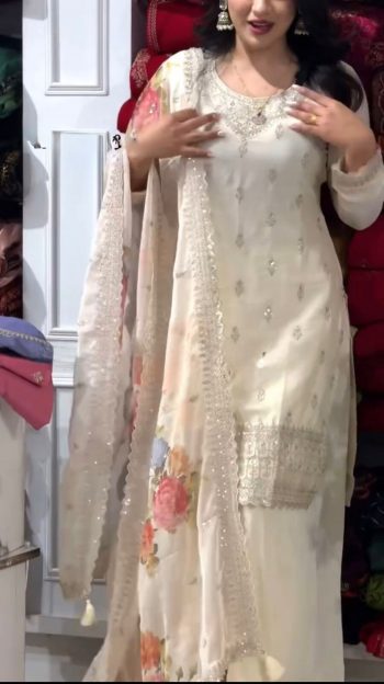 DESIGNER CHINON SILK EMBROIDERY SEQUENCE WORK TOP PALAZZO WITH DUPATTA WHITE