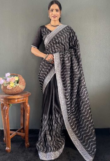 DESIGNER CHINON SILK MULTI SEQUENCE WORK READY TO WEAR SAREE WITH UNSTITCHED BLOUSE BLACK