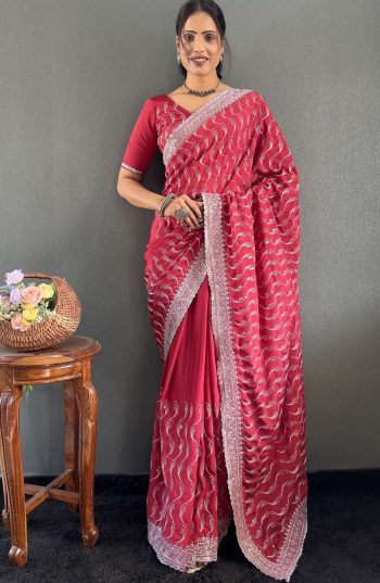 DESIGNER CHINON SILK MULTI SEQUENCE WORK READY TO WEAR SAREE WITH UNSTITCHED BLOUSE RANI