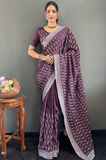 DESIGNER CHINON SILK MULTI SEQUENCE WORK READY TO WEAR SAREE WITH UNSTITCHED BLOUSE WINE