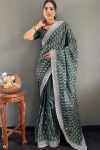 DESIGNER CHINON SILK MULTI SEQUENCE WORK READY TO WEAR SAREE WITH UNSTITCHED BLOUSE GREEN