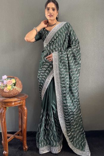 DESIGNER CHINON SILK MULTI SEQUENCE WORK READY TO WEAR SAREE WITH UNSTITCHED BLOUSE GREEN
