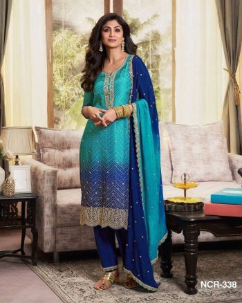 DESIGNER CHINON SILK PRINT WITH SEQUENCE EMBROIDERY WORK TOP BOTTOM WITH DUPATTA SKY