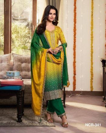 DESIGNER CHINON SILK PRINT WITH SEQUENCE EMBROIDERY WORK TOP BOTTOM WITH DUPATTA YELLOW