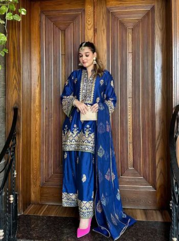 DESIGNER CHINON SILK SEQUENCE EMBROIDERY WORK TOP PALAZZO WITH DUPATTA BLUE