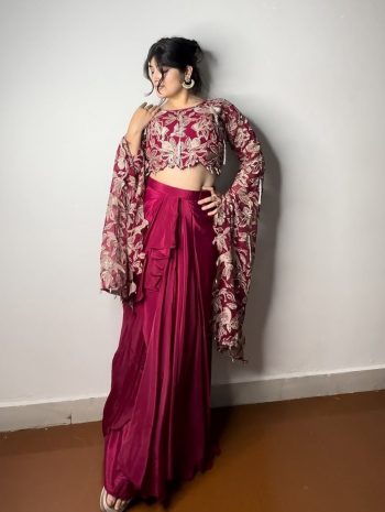 DESIGNER CHINON THREAD, EMBROIDERY ZARI AND  SEQUENCE WORK CROP TOP WITH DRAPE SKIRT  MAROON