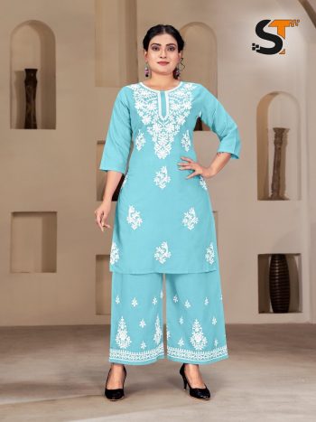DESIGNER COTTON CHICENKARI EMBROIDERY WORK TOP PALAZZO SKY