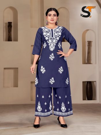 DESIGNER COTTON CHICENKARI EMBROIDERY WORK TOP PALAZZO NAVY BLUE