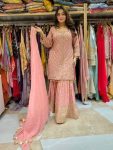 DESIGNER FAUX GEORGETTE EMBROIDERY SEQUENCE WORK TOP SHARARA WITH DUPATTA FESTIVE WEAR WHOLESALE PRICE ETHNIC GARMENT (5)