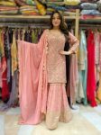 DESIGNER FAUX GEORGETTE EMBROIDERY SEQUENCE WORK TOP SHARARA WITH DUPATTA BABY PINK
