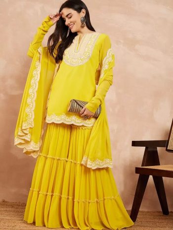 DESIGNER FAUX GEORGETTE EMBROIDERY SEQUENCE WORK TOP SHARARA WITH DUPATTA  YELLOW