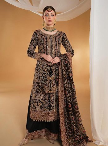 DESIGNER FAUX GEORGETTE EMBROIDERY SEQUENCE WORK WITH HAND WORK TOP PALAZZO WITH DUPATTA  BLACK