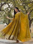 DESIGNER FAUX GEORGETTE SEQUENCE EMBROIDERY WORK GOWN WITH DUPATTA MEHNDI
