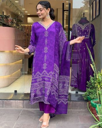 DESIGNER FRENCH CREPE SEQUENCE CODING EMBROIDERY WORK TOP BOTTOM WITH DUPATTA PURPLE