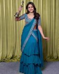 DESIGNER GEORGETTE AND 3 LAYER RUFFULE EMBROIDERY SEQUENCE WORK LEHENGA SAREE WITH STITCHED BLOUSE PARTY WEAR WHOLESALE PRICE ETHNIC GARMENT (3)