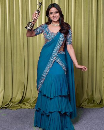 DESIGNER GEORGETTE AND 3 LAYER RUFFLE EMBROIDERY SEQUENCE WORK  LEHENGA SAREE WITH STITCHED BLOUSE SKY