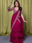 DESIGNER GEORGETTE AND 3 LAYER RUFFLE EMBROIDERY SEQUENCE WORK  LEHENGA SAREE WITH STITCHED BLOUSE RANI