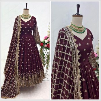 DESIGNER GEORGETTE EMBROIDERY SEQUENCE WORK GOWN BOTTOM WITH DUPATTA COFFEE