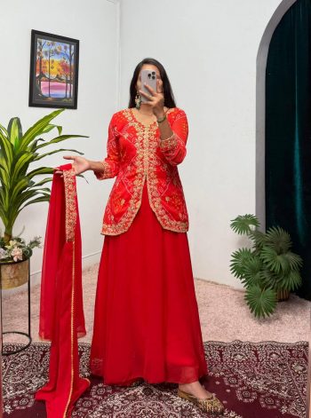 DESIGNER GEORGETTE EMBROIDERY AND PRINTED LEHENGA KOTI WITH DUPATTA  ORANGE