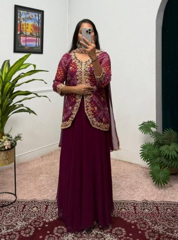 DESIGNER GEORGETTE EMBROIDERY AND PRINTED LEHENGA KOTI WITH DUPATTA  WINE