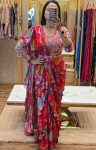 DESIGNER GEORGETTE EMBROIDERY CODING WORK WITH DIGITAL PRINT READY TO WEAR SAREE STITCHED BLOUSE WITH WAIST BELT RED