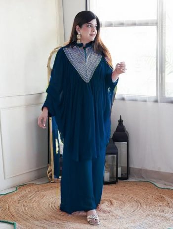 DESIGNER GEORGETTE EMBROIDERY SEQUENCE WORK KAFTAN WITH PALAZZO NAVY BLUE