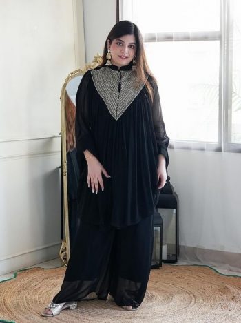 DESIGNER GEORGETTE EMBROIDERY SEQUENCE WORK KAFTAN WITH PALAZZO BLACK
