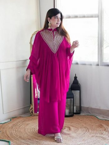 DESIGNER GEORGETTE EMBROIDERY SEQUENCE WORK KAFTAN WITH PALAZZO PINK