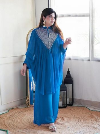 DESIGNER GEORGETTE EMBROIDERY SEQUENCE WORK KAFTAN WITH PALAZZO SKY