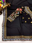 DESIGNER GEORGETTE EMBROIDERY SEQUENCE WORK LACE BORDER SAREE WITH STITCHED BLOUSE PARTY WEAR WHOLESALE PRICE ETHNIC GARMENT (2)