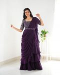DESIGNER GEORGETTE EMBROIDERY SEQUENCE WORK LEHENGA SAREE STITCHED BLOUSE WITH WASIT BELT WINE